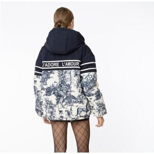 NWT Ell And Emm Toile L’amour Paris Blue White Print Puffer Jacket XS